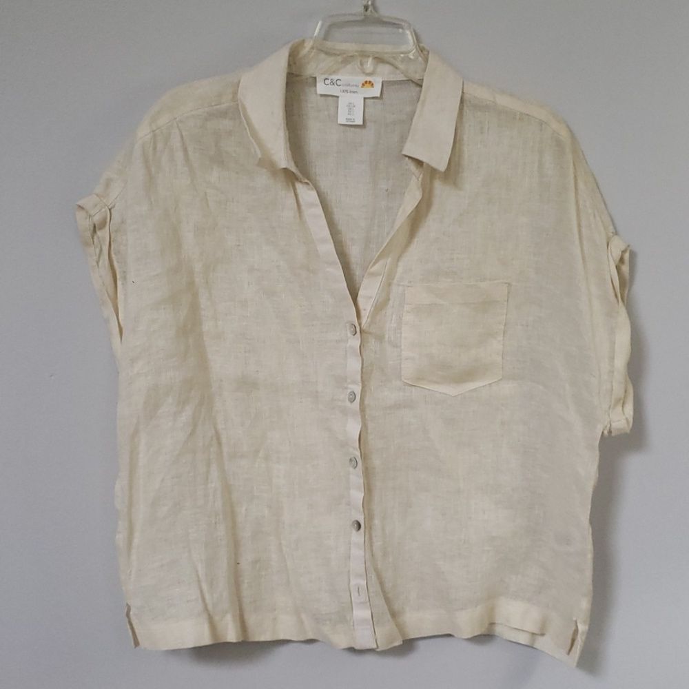 C&C Blouse Womens L Cream 100% Natural Linen Boxy Lagenlook Top Minimalist Basic